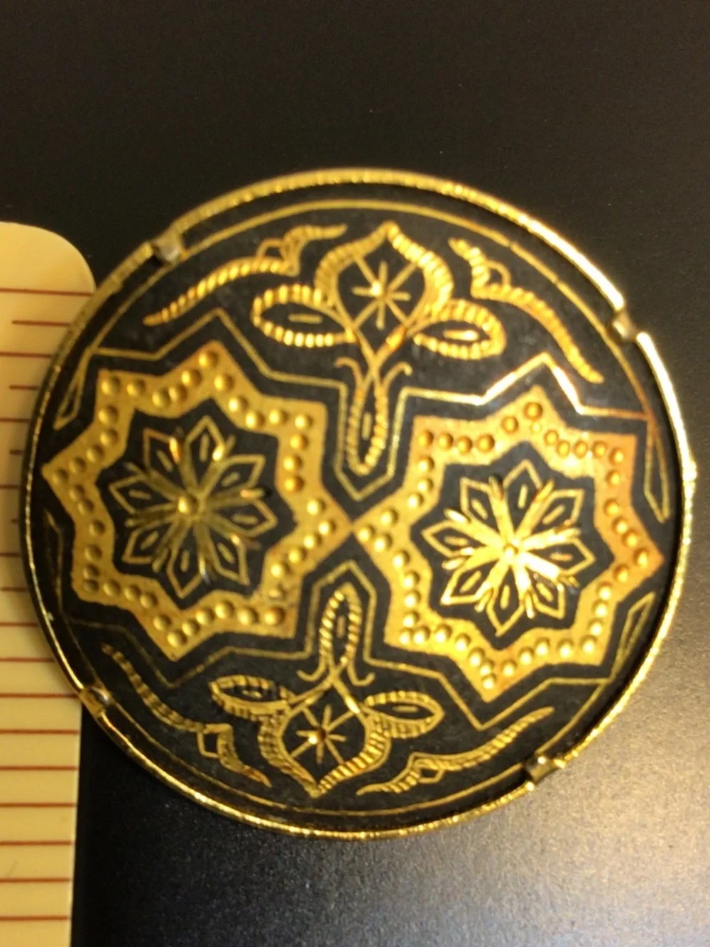 Vintage Mid Century Damascene Gold Tone Brooch Arabesque Design Trombone Clasp